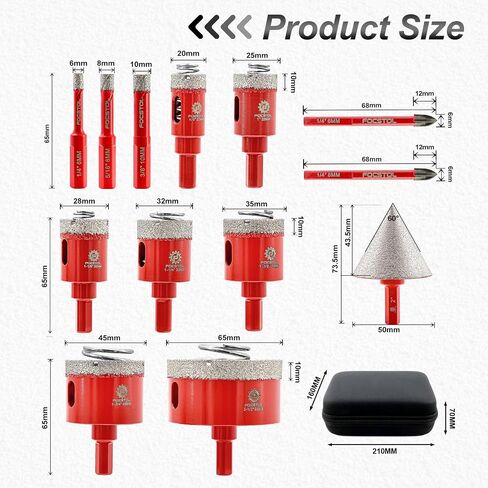 Diamond Core Drill Bit Set - FOCSTOL Diamond Hole Saw Kit for Porcelain Ceramic Tile 13pcs (6/8/10/20/25/28/32/35/45/65mm+50mm Beveling Chamfer Bit+6/6mm Carbide Drill) in Kuwait