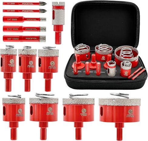 مجموعة لقم الثقب الماسي - طقم منشار ثقب الماس FOCSTOL لبلاط السيراميك والبورسلين 13 قطعة (6/8/10/20/25/28/32/35/45/65 مم + لقمة شطب مائلة 50 مم + مثقاب كربيد 6/6 مم) in Kuwait