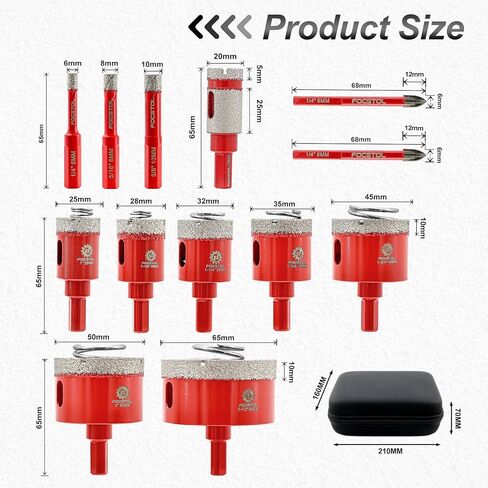 مجموعة لقم الثقب الماسي - طقم منشار ثقب الماس FOCSTOL لبلاط السيراميك والبورسلين 13 قطعة (6/8/10/20/25/28/32/35/45/65 مم + لقمة شطب مائلة 50 مم + مثقاب كربيد 6/6 مم) in Kuwait