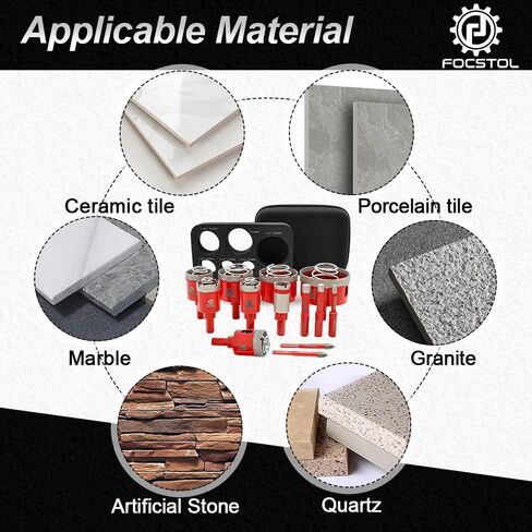 مجموعة لقم الثقب الماسي - طقم منشار ثقب الماس FOCSTOL لبلاط السيراميك والبورسلين 13 قطعة (6/8/10/20/25/28/32/35/45/65 مم + لقمة شطب مائلة 50 مم + مثقاب كربيد 6/6 مم) in Kuwait