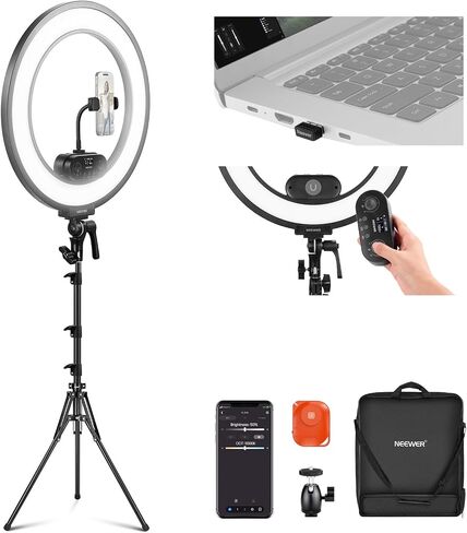 NEEWER 18" Edge Lit Ring Light Kit 45W 3300lux 2900K-7000K 12 Scenes with APP 2.4G PC Mac Control Magnetic Remote Control Phone Holder Light Stand Bag for Makeup TikTok Instagram Live Stream, RL45B in Kuwait