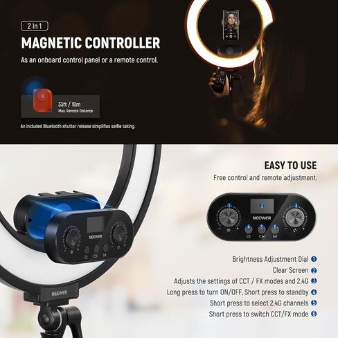 NEEWER 18" Edge Lit Ring Light Kit 45W 3300lux 2900K-7000K 12 Scenes with APP 2.4G PC Mac Control Magnetic Remote Control Phone Holder Light Stand Bag for Makeup TikTok Instagram Live Stream, RL45B in Kuwait