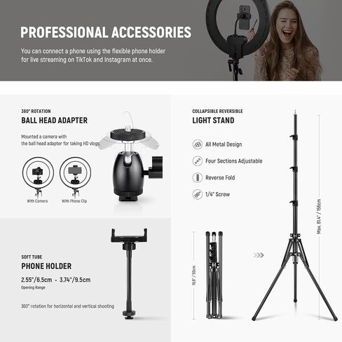 NEEWER 18" Edge Lit Ring Light Kit 45W 3300lux 2900K-7000K 12 Scenes with APP 2.4G PC Mac Control Magnetic Remote Control Phone Holder Light Stand Bag for Makeup TikTok Instagram Live Stream, RL45B in Kuwait