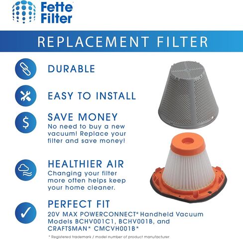 فلتر Fette - مجموعة فلتر مكنسة كهربائية متوافقة مع موديلات المكنسة الكهربائية المحمولة BLACK+DECKER 20V MAX POWERCONNECT BCHV001C1، BCHV001B، لجزء CRAFTSMAN CMCVH001B # BCHVF10، CMCVHF10، N900287 - عبوة من قطعتين in Kuwait