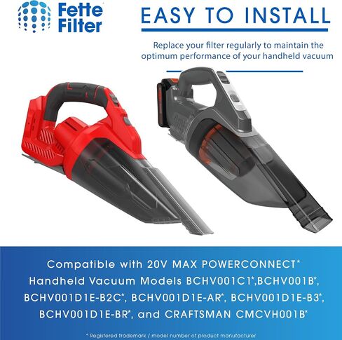 فلتر Fette - مجموعة فلتر مكنسة كهربائية متوافقة مع موديلات المكنسة الكهربائية المحمولة BLACK+DECKER 20V MAX POWERCONNECT BCHV001C1، BCHV001B، لجزء CRAFTSMAN CMCVH001B # BCHVF10، CMCVHF10، N900287 - عبوة من قطعتين in Kuwait