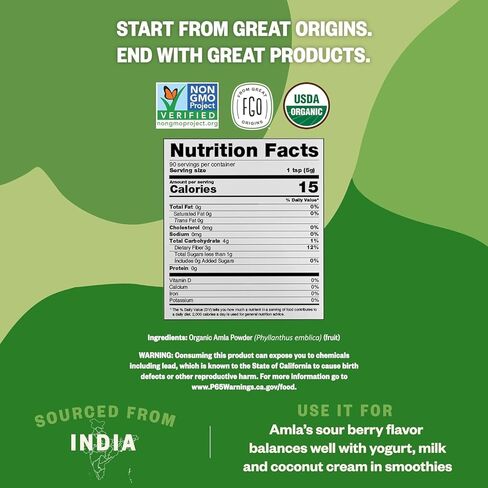 مسحوق أملا العضوي من FGO - 16 أونصة، عنب الثعلب الهندي العضوي (أمالاكي) التابع لوزارة الزراعة الأمريكية، غير معدل وراثيًا، فيتامين C الطبيعي - خام وطبيعي 100% in Kuwait