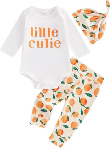 Little Cutie Baby Girl Fall Outfits Long Sleeve Romper Orange Pants Knot Hat Clementine Coming Home Clothing Set in Kuwait