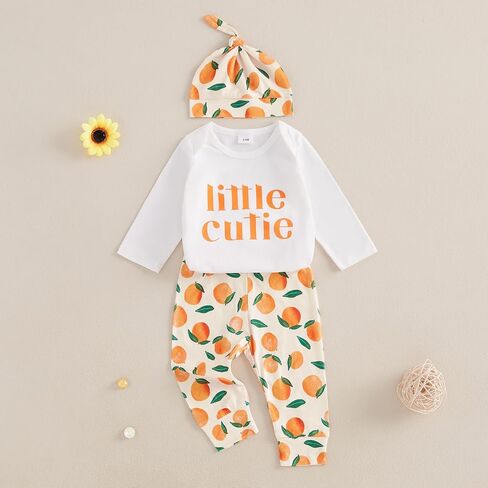Little Cutie Baby Girl Fall Outfits Long Sleeve Romper Orange Pants Knot Hat Clementine Coming Home Clothing Set in Kuwait