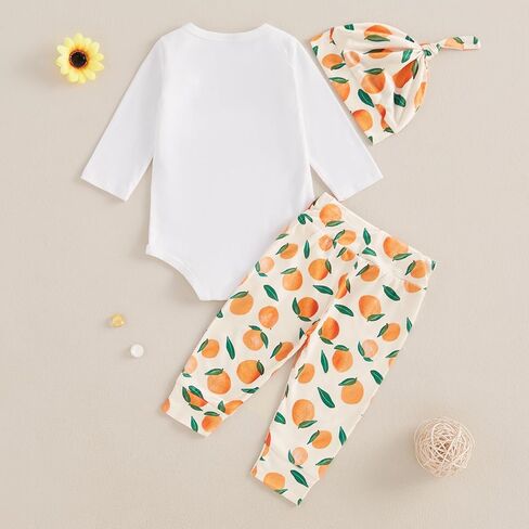 Little Cutie Baby Girl Fall Outfits Long Sleeve Romper Orange Pants Knot Hat Clementine Coming Home Clothing Set in Kuwait