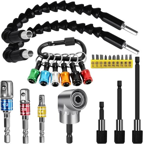 Flexible Drill Bit Extension Set, Hex Shank Bit Holder Keychain, 105°Right Angle Drill Attachmen, 3pcs 1/4 3/8 1/2" Hex Socket Adapter, 3pcs Drill Bit Holder Extension, Screwdriver Bit Kit (Colorful) in Kuwait