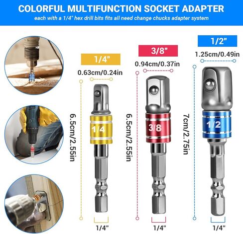 Flexible Drill Bit Extension Set, Hex Shank Bit Holder Keychain, 105°Right Angle Drill Attachmen, 3pcs 1/4 3/8 1/2" Hex Socket Adapter, 3pcs Drill Bit Holder Extension, Screwdriver Bit Kit (Colorful) in Kuwait
