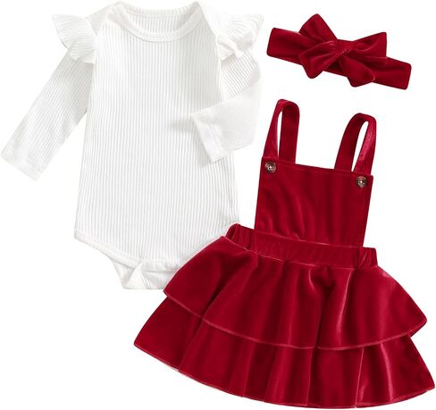 Baby Girl Christmas Outfit Suspender Skirt Set Solid Ribbed Romper Velvet Overall Dress With Bow Fall Winter Clothes in Saudi Arabia