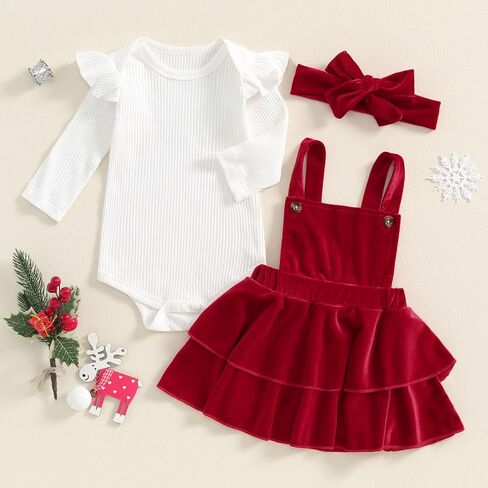 Baby Girl Christmas Outfit Suspender Skirt Set Solid Ribbed Romper Velvet Overall Dress With Bow Fall Winter Clothes in Saudi Arabia