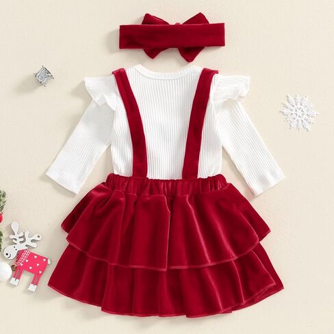 Baby Girl Christmas Outfit Suspender Skirt Set Solid Ribbed Romper Velvet Overall Dress With Bow Fall Winter Clothes in Saudi Arabia