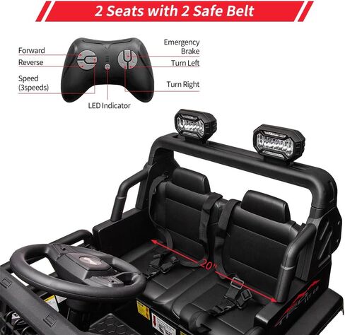 24V 9Ah Kids Ride On 2 Seaters Electric Car with Remote Control, 2 * 120W Motors Battery Powered 20" Extra Large Seats,Led Headlights, Front Storage, Bottle Holder, Fm, Music for 3+,Black in Kuwait