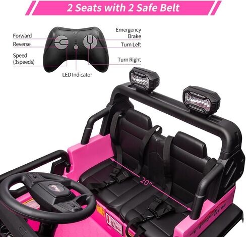 24V 9Ah Kids Ride On 2 Seaters Electric Car with Remote Control, 2 * 120W Motors Battery Powered 20" Extra Large Seats,Led Headlights, Front Storage, Bottle Holder, Fm, Music for 3+,Black in Saudi Arabia