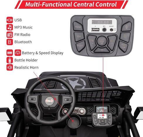 24V 9Ah Kids Ride On 2 Seaters Electric Car with Remote Control, 2 * 120W Motors Battery Powered 20" Extra Large Seats,Led Headlights, Front Storage, Bottle Holder, Fm, Music for 3+,Black in Kuwait
