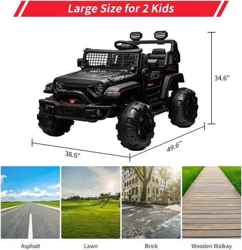 24V 9Ah Kids Ride On 2 Seaters Electric Car with Remote Control, 2 * 120W Motors Battery Powered 20" Extra Large Seats,Led Headlights, Front Storage, Bottle Holder, Fm, Music for 3+,Black in Kuwait