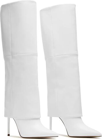 femflame Fold Over Boots For Women,Pointed Toe Stiletto Heel Knee High Boots Wide Calf Long Boots Tall Boots in Kuwait