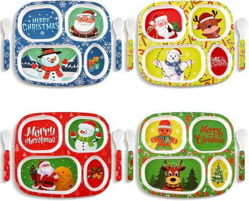 Hoolerry 4 Set Melamine Dinner Plate for Kids Boys Girls Dinnerware Divided Plates with Fork and Spoon Elk Shark Dinosaur Vehicle Excavator Unicorn Kids Dishes for Top Rack Dishwasher Safe (Cute) in Saudi Arabia