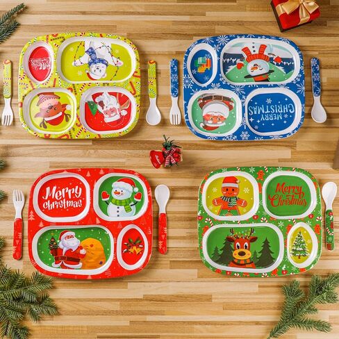 Hoolerry 4 Set Melamine Dinner Plate for Kids Boys Girls Dinnerware Divided Plates with Fork and Spoon Elk Shark Dinosaur Vehicle Excavator Unicorn Kids Dishes for Top Rack Dishwasher Safe (Cute) in Saudi Arabia