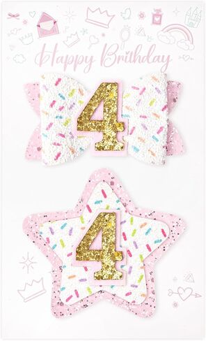 DEEKA 4th Birthday Hair Bow and Badge Set Birthday Decorations for Girl Glitter Pink and White Hair Clips for 4 Year Girl Birthday Party Decoration for Girls Toddlers Hair Accessories in Saudi Arabia