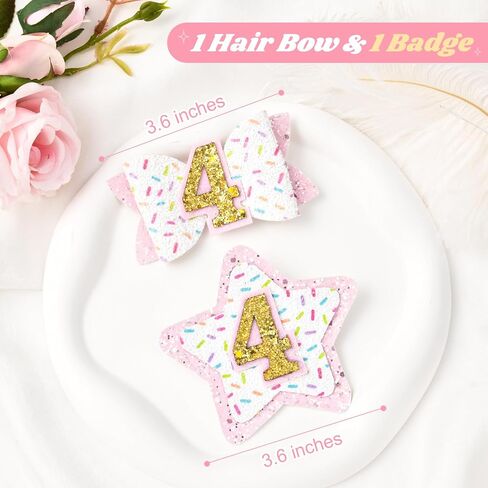 DEEKA 4th Birthday Hair Bow and Badge Set Birthday Decorations for Girl Glitter Pink and White Hair Clips for 4 Year Girl Birthday Party Decoration for Girls Toddlers Hair Accessories in Saudi Arabia