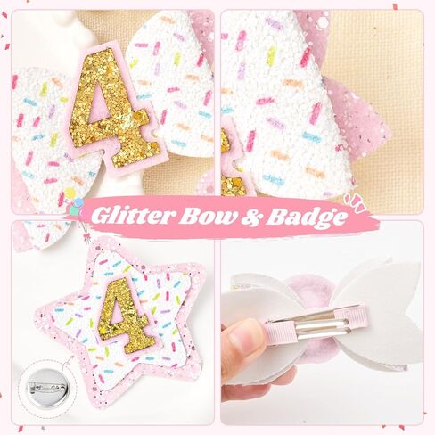 DEEKA 4th Birthday Hair Bow and Badge Set Birthday Decorations for Girl Glitter Pink and White Hair Clips for 4 Year Girl Birthday Party Decoration for Girls Toddlers Hair Accessories in Saudi Arabia