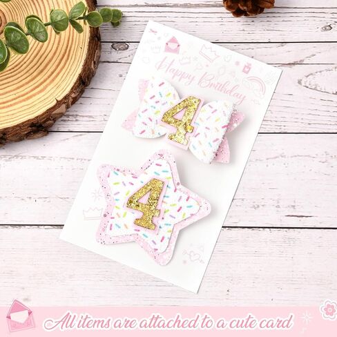DEEKA 4th Birthday Hair Bow and Badge Set Birthday Decorations for Girl Glitter Pink and White Hair Clips for 4 Year Girl Birthday Party Decoration for Girls Toddlers Hair Accessories in Saudi Arabia