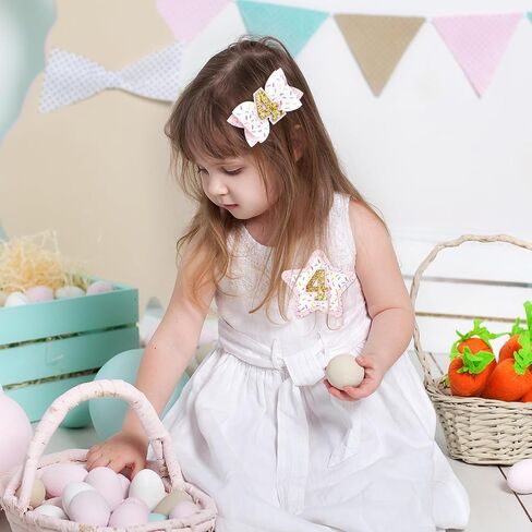 DEEKA 4th Birthday Hair Bow and Badge Set Birthday Decorations for Girl Glitter Pink and White Hair Clips for 4 Year Girl Birthday Party Decoration for Girls Toddlers Hair Accessories in Saudi Arabia