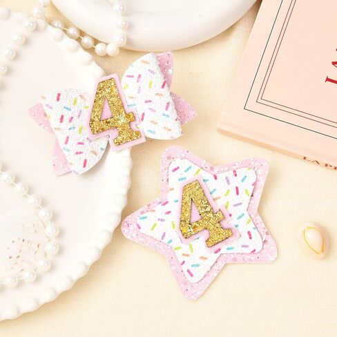 DEEKA 4th Birthday Hair Bow and Badge Set Birthday Decorations for Girl Glitter Pink and White Hair Clips for 4 Year Girl Birthday Party Decoration for Girls Toddlers Hair Accessories in Saudi Arabia