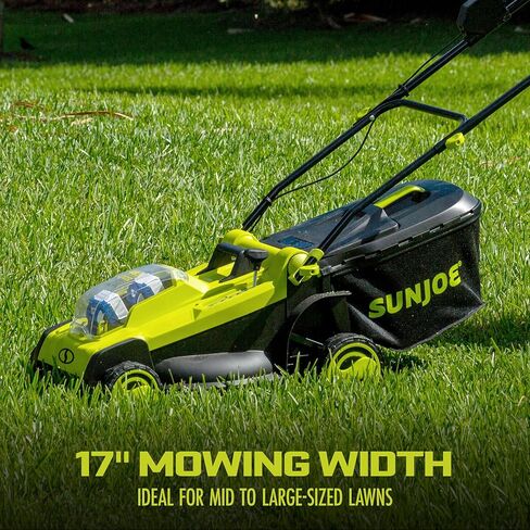 Sun Joe 24V-X2-17LM 48 فولت 17 بوصة جزازة العشب خلف جزازة العشب مع أداة التقاط العشب سعة 11 جالون وتعديل الارتفاع بـ 6 أوضاع، متضمنة، لاسلكية، مجموعة (مع بطارية وشاحن 2 × 4.0 أمبير) in Kuwait