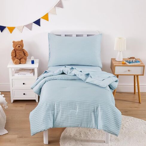 Wake In Cloud - Seersucker Toddler Bedding Set for Boys Girls, 4 Pieces Soft Crib Bed Set Including Comforter, Sheets and Pillowcase, Textured Breathable Soft Microfiber, Light Blue in Saudi Arabia