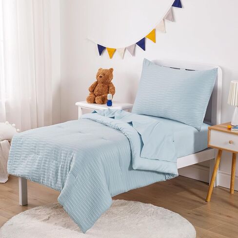 Wake In Cloud - Seersucker Toddler Bedding Set for Boys Girls, 4 Pieces Soft Crib Bed Set Including Comforter, Sheets and Pillowcase, Textured Breathable Soft Microfiber, Light Blue in Saudi Arabia