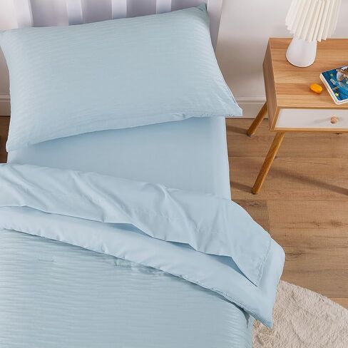 Wake In Cloud - Seersucker Toddler Bedding Set for Boys Girls, 4 Pieces Soft Crib Bed Set Including Comforter, Sheets and Pillowcase, Textured Breathable Soft Microfiber, Light Blue in Saudi Arabia