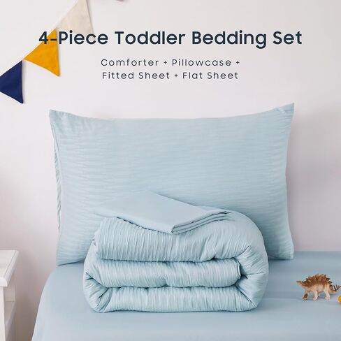 Wake In Cloud - Seersucker Toddler Bedding Set for Boys Girls, 4 Pieces Soft Crib Bed Set Including Comforter, Sheets and Pillowcase, Textured Breathable Soft Microfiber, Light Blue in Saudi Arabia