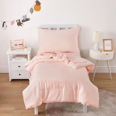 Wake In Cloud - Seersucker Toddler Bedding Set for Boys Girls, 4 Pieces Soft Crib Bed Set Including Comforter, Sheets and Pillowcase, Textured Breathable Soft Microfiber, Light Blue in Saudi Arabia