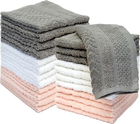 Pleasant Home Chevron Wash Cloths Set - 12 Pack (12" x 12") – 509 GSM - 100% Ring Spun Cotton Wash Cloth - Super Soft and Highly Absorbent Face Towels (Light Grey, White & Pink) in Saudi Arabia