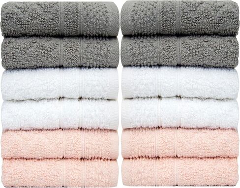 Pleasant Home Chevron Wash Cloths Set - 12 Pack (12" x 12") – 509 GSM - 100% Ring Spun Cotton Wash Cloth - Super Soft and Highly Absorbent Face Towels (Light Grey, White & Pink) in Saudi Arabia