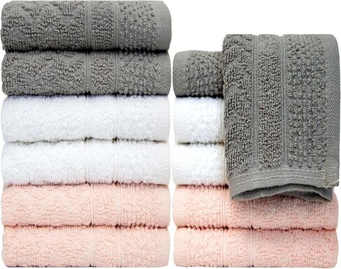 Pleasant Home Chevron Wash Cloths Set - 12 Pack (12" x 12") – 509 GSM - 100% Ring Spun Cotton Wash Cloth - Super Soft and Highly Absorbent Face Towels (Light Grey, White & Pink) in Saudi Arabia