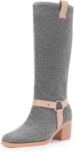 Women's Block Heel Lmitation Lamb Wool Mid Calf Boots Square Toe Buckle Boots in Kuwait