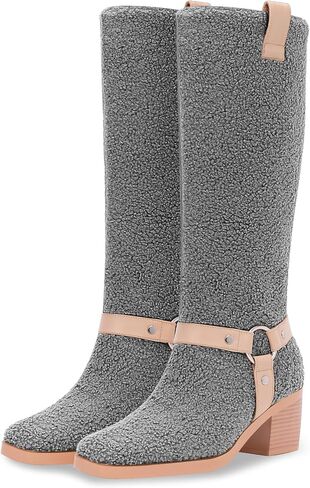 Women's Block Heel Lmitation Lamb Wool Mid Calf Boots Square Toe Buckle Boots in Kuwait