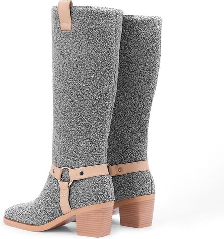 Women's Block Heel Lmitation Lamb Wool Mid Calf Boots Square Toe Buckle Boots in Kuwait
