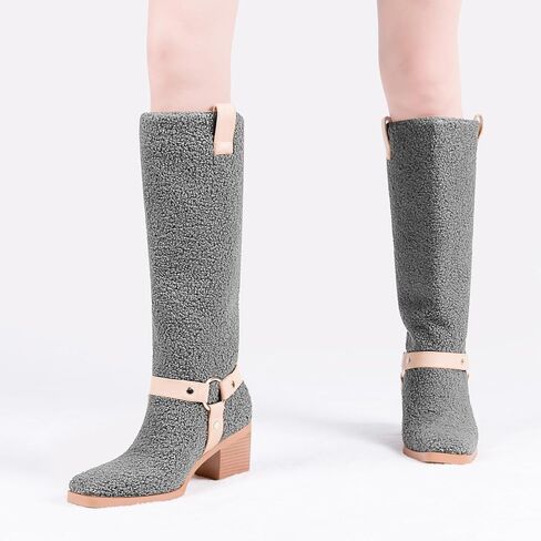 Women's Block Heel Lmitation Lamb Wool Mid Calf Boots Square Toe Buckle Boots in Kuwait