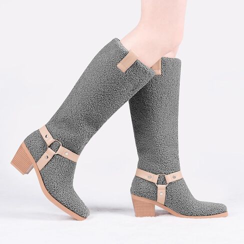 Women's Block Heel Lmitation Lamb Wool Mid Calf Boots Square Toe Buckle Boots in Kuwait