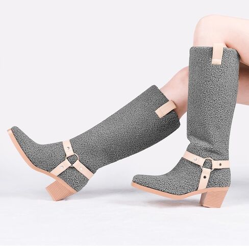 Women's Block Heel Lmitation Lamb Wool Mid Calf Boots Square Toe Buckle Boots in Kuwait