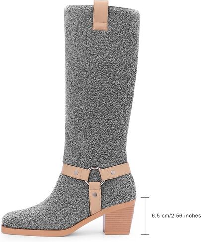 Women's Block Heel Lmitation Lamb Wool Mid Calf Boots Square Toe Buckle Boots in Kuwait