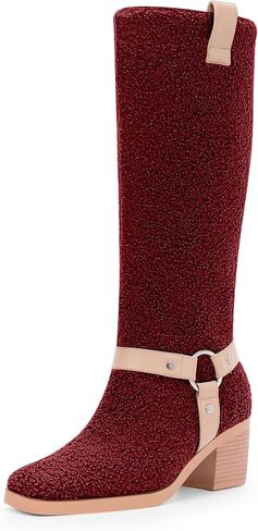 Women's Block Heel Lmitation Lamb Wool Mid Calf Boots Square Toe Buckle Boots in Kuwait