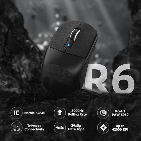 ماوس ألعاب لاسلكي ATTACK SHARK R6 39g Superlight، PixArt PAW3950MAX 42000 DPI، ماوس كمبيوتر MCU Nodic 52840، برنامج تشغيل الويب بمعدل 8K، BT/2.4 جيجا هرتز/ماوس سلكي ثلاثي الوضع مع كابل ملفوف - أسود وشريط in Kuwait