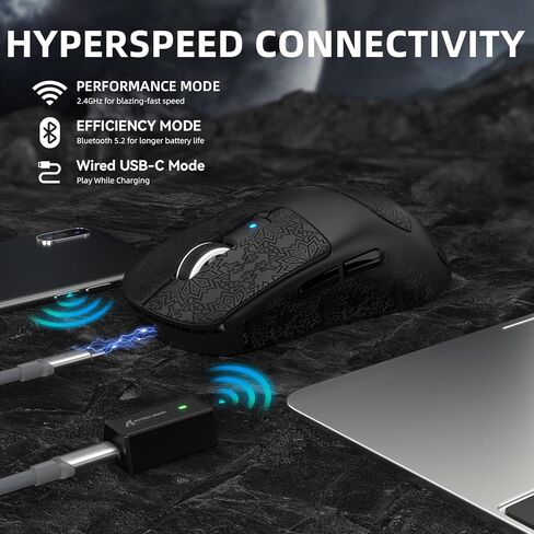 ماوس ألعاب لاسلكي ATTACK SHARK R6 39g Superlight، PixArt PAW3950MAX 42000 DPI، ماوس كمبيوتر MCU Nodic 52840، برنامج تشغيل الويب بمعدل 8K، BT/2.4 جيجا هرتز/ماوس سلكي ثلاثي الوضع مع كابل ملفوف - أسود وشريط in Kuwait